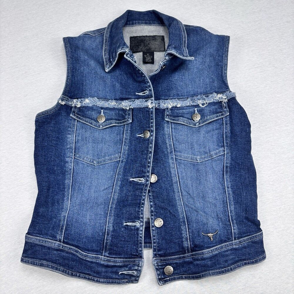 Sergio Valente Denim Vest XL Blue Frayed Bull Button Trucker